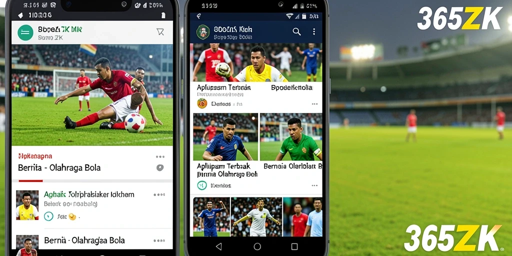 Tampilan antarmuka aplikasi 365ZK dengan berita dan fitur olahraga bola.